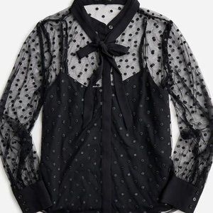 J. Crew Tie-neck Long-sleeve Top in Dotted Tulle SZ 0